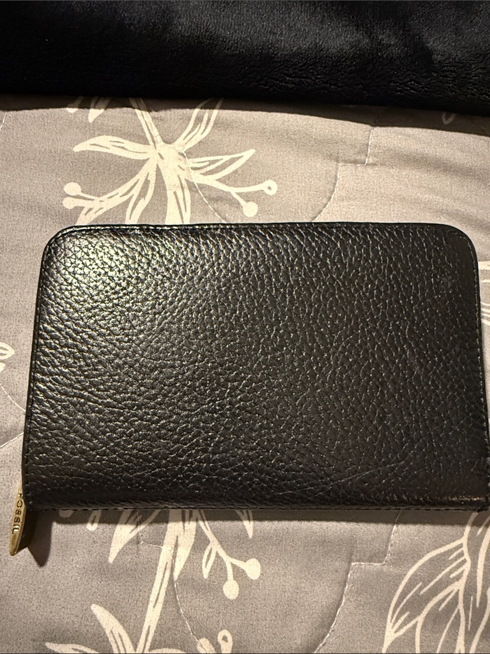 Fossil Black Pebbled Leather Zip-Around Wallet with Gold Accent